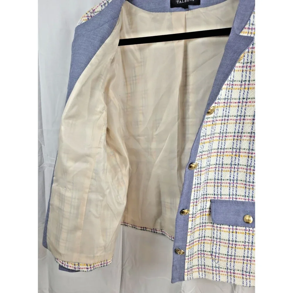 Talbots Tweed Jacket Blazer 16 Multicolor Plaid Gold Button Crop Long Sleeve - Picture 6 of 9